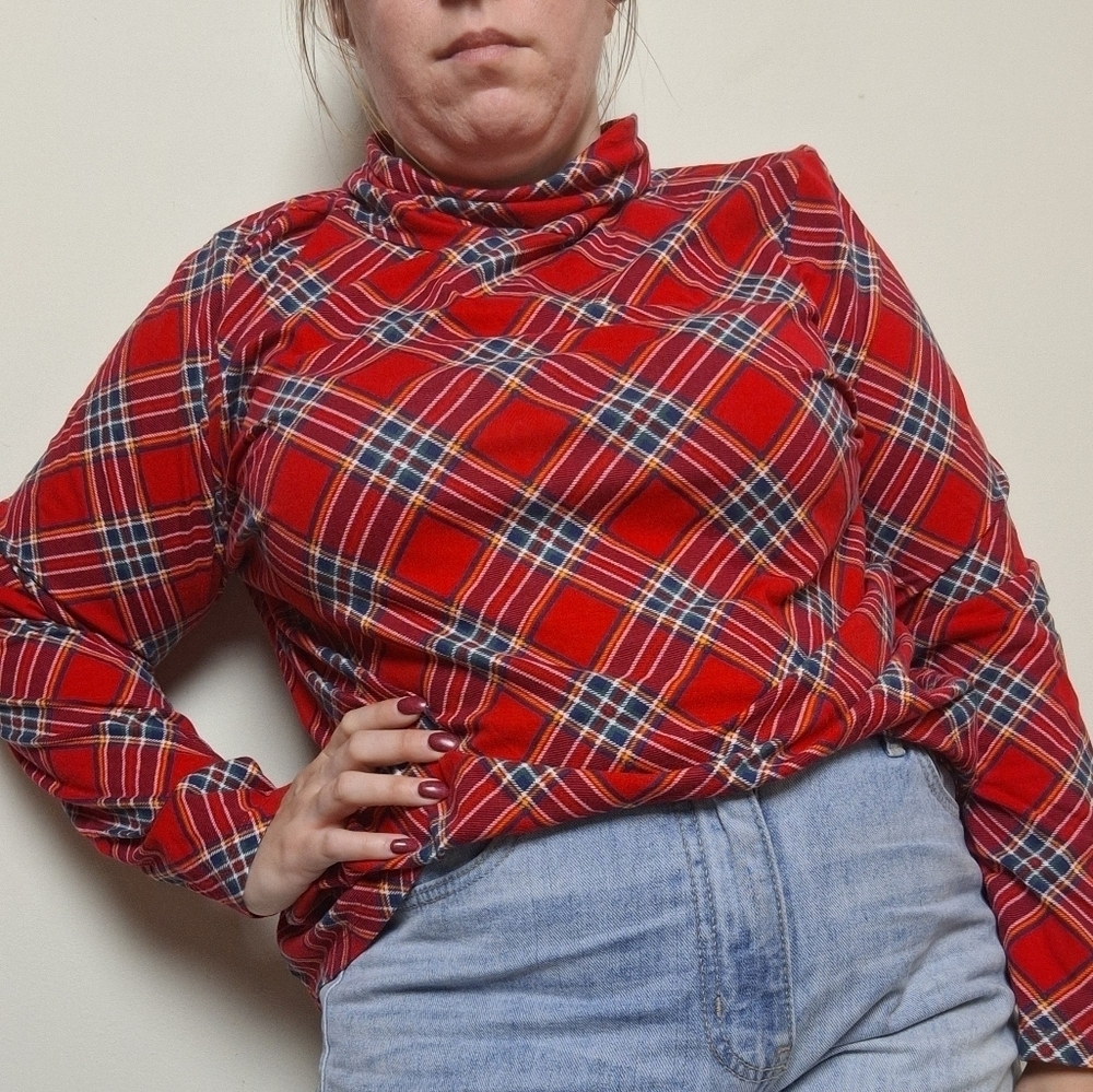 Talbots Red and Blue Plaid Long Sleeve Turtleneck Tee Shirt Size 2X Petite